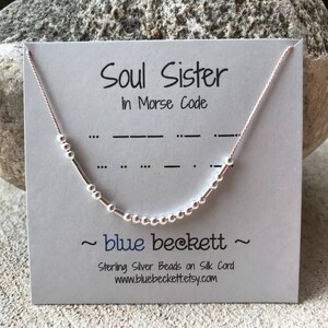 Morse Code &quot;Soul Sister&quot; Necklace / Sterling Silver Beads on Silk Cord / Your Choice of Cord Color