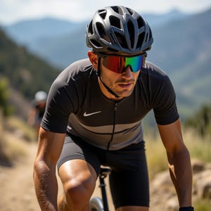 Male cyclist wearing E3 Optics E3-C2 red mirror polarized sunglasses with matte black frame – ideal for cycling, mountain biking, and outdoor sports – riding on a rugged mountain trail.