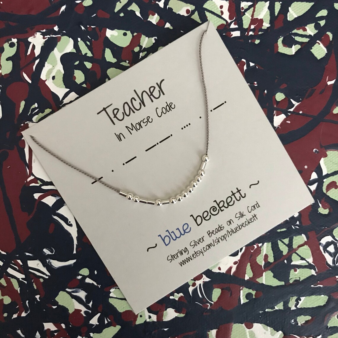 Morse Code 'teacher' Necklace - Silk Cord W/sterling Silver Beads ...
