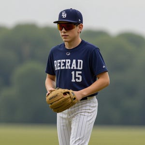 Youth baseball player wearing E3 Optics E3-C2 red mirror polarized sunglasses with matte black frame – ideal for baseball, softball, and outdoor sports – standing on the field with a glove.