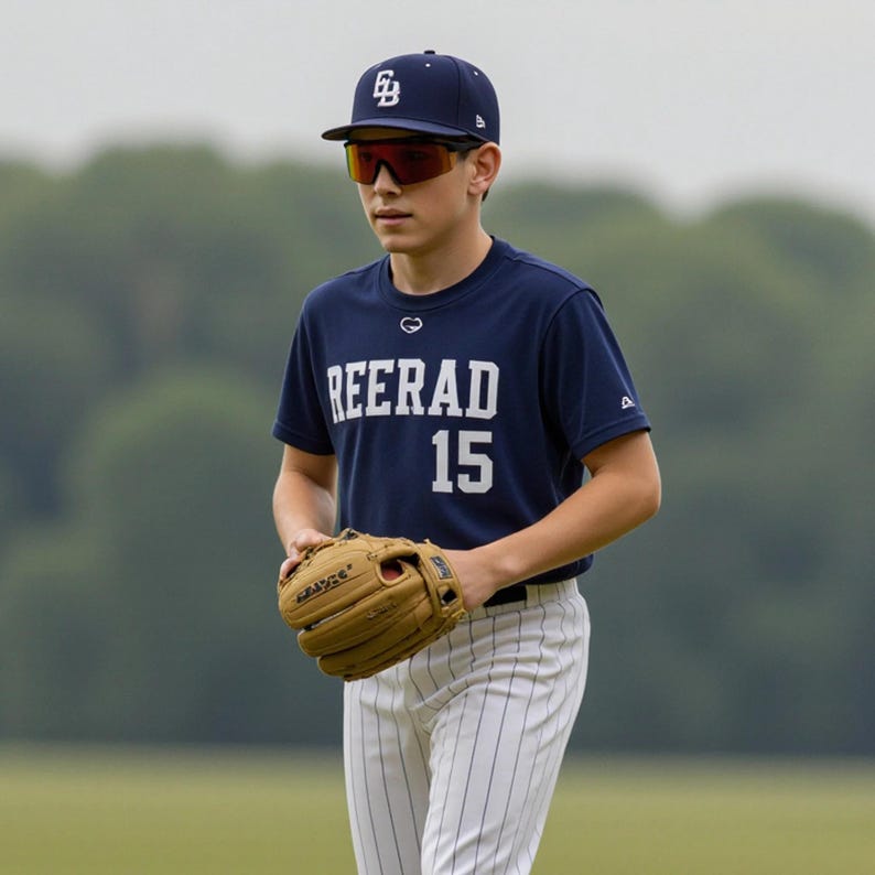 Youth baseball player wearing E3 Optics E3-C2 red mirror polarized sunglasses with matte black frame – ideal for baseball, softball, and outdoor sports – standing on the field with a glove.