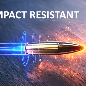 E3 Optics sunglasses impact resistant lens technology showing bullet deflection with energy shield for maximum eye protection