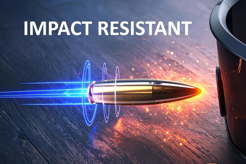 E3 Optics sunglasses impact resistant lens technology showing bullet deflection with energy shield for maximum eye protection