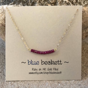 Faceted Rubies on Gold Filled or Sterling Silver / July Ruby Birthstone Necklace / Bar Necklace