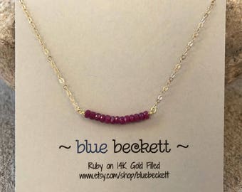 Faceted Rubies on Gold Filled or Sterling Silver / July Ruby Birthstone Necklace / Bar Necklace