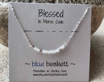 BLESSED in Morse Code Necklace / Faceted Moonstones on Sterling Silver or Gold Filled / Bar Necklace / Custom / Personalization Available