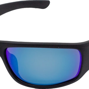 May include: Black sunglasses with blue mirrored lenses. The sunglasses have a thick, rounded frame.