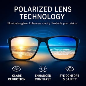 E3 Optics polarized lens technology sunglasses reducing glare from water, sand, and snow while enhancing contrast and protecting eyes