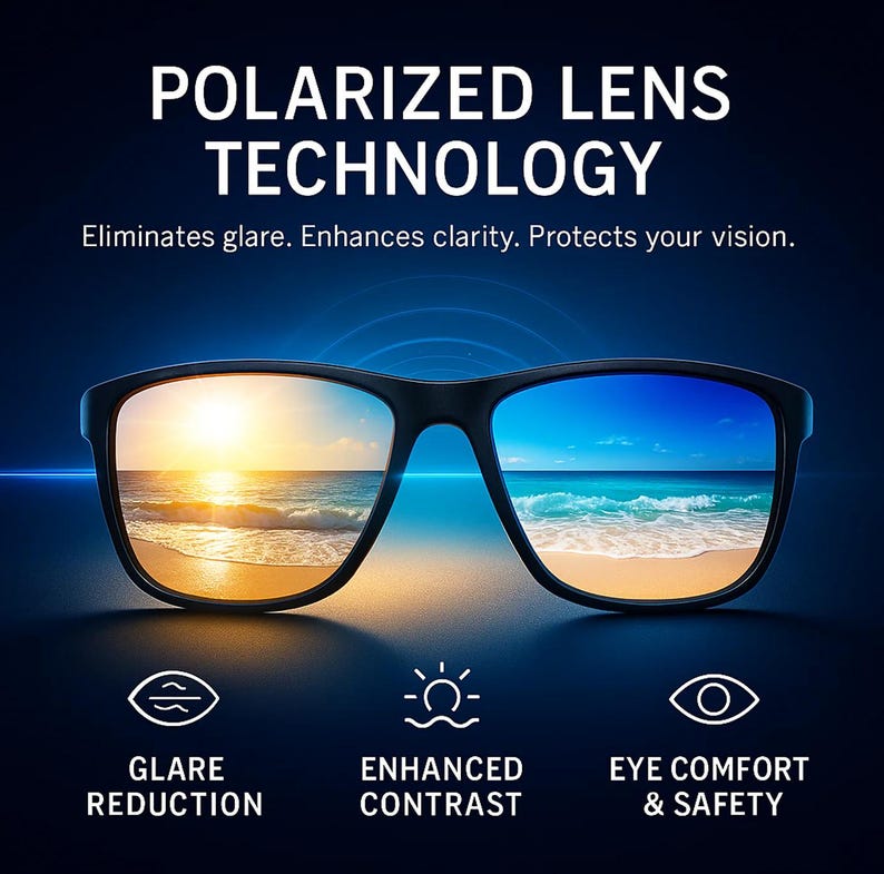 E3 Optics polarized lens technology sunglasses reducing glare from water, sand, and snow while enhancing contrast and protecting eyes