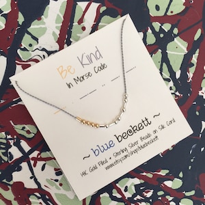 Morse Code &#39;Be Kind&#39; Necklace with Sterling Silver & Gold Filled Beads on Silk Cord. Personalize w/Different Word or Name and Cord Color