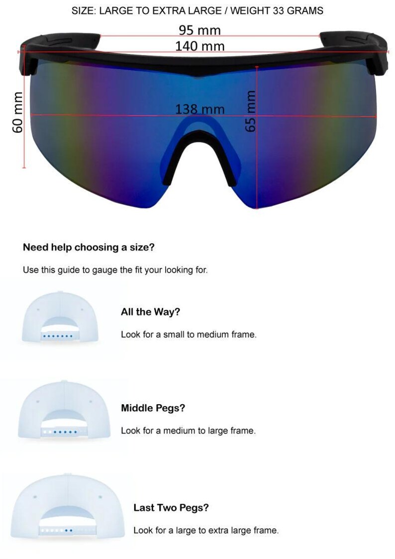 Sunglasses with size guide and measurement details on a white background