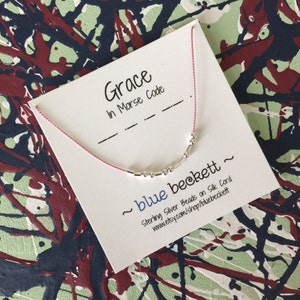 Morse Code &#39;Grace&#39; Necklace - Sterling Silver Beads on Silk Cord - Personalize with Your Favorite Word/Name & Cord Color