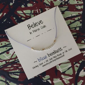 Morse Code &#39;Believe&#39; Necklace with Sterling Silver & 14K Gold Filled Beads on Silk Cord - Personalize with Your Favorite Word/Name and Cord