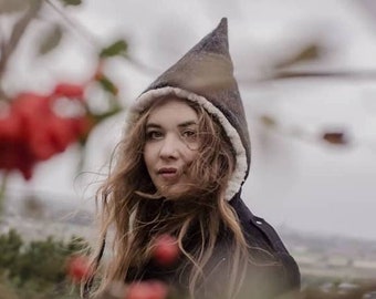 Adult pixie hat, Woman pixie hat, Black wool hat, Pixie hat, Witch hat, Adult gnome hat, Pixie wool hat for adult, Pointy hat for adult