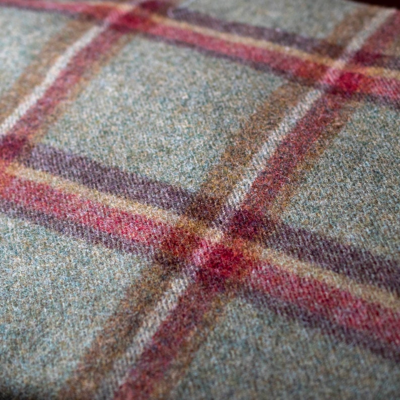 May include: Close-up of a green, brown, and red plaid fabric. The fabric has a soft, fuzzy texture.
