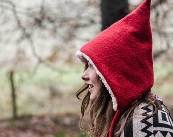 Red gnome or pixie wool hat for adult. Santa hat, Woman pixie hat cosy and stylish. Scottish  handmade bespoke ladies hat