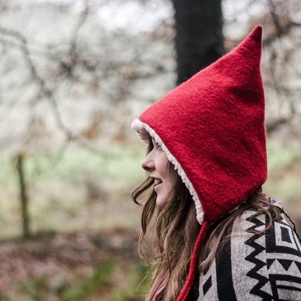 Red gnome or pixie wool hat for adult. Santa hat, Woman pixie hat cosy and stylish. Scottish  handmade bespoke ladies hat