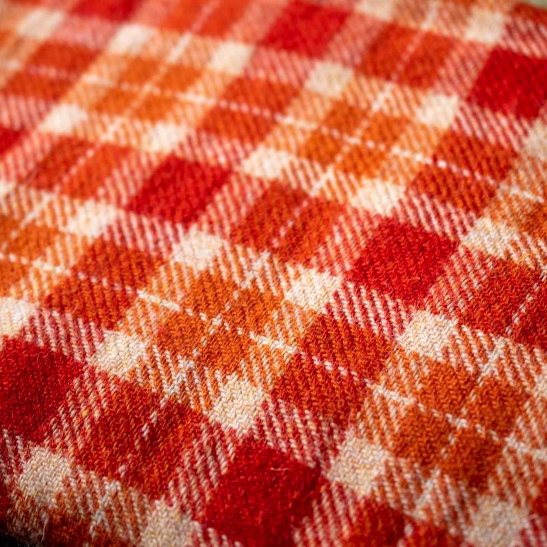 May include: Close-up of a red and white plaid fabric with a woven texture.