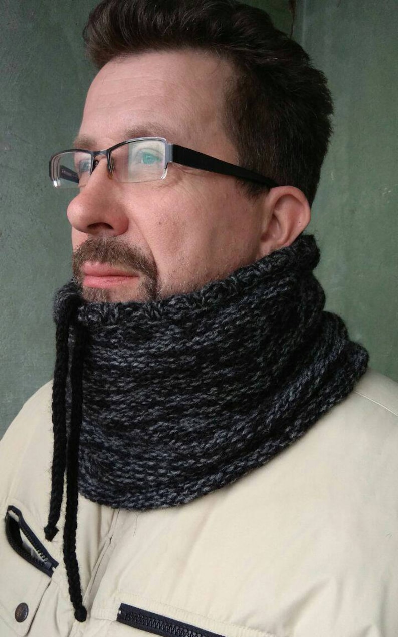 Chunky men's snood scarf Black cowl neck Wool hooded Etsy
