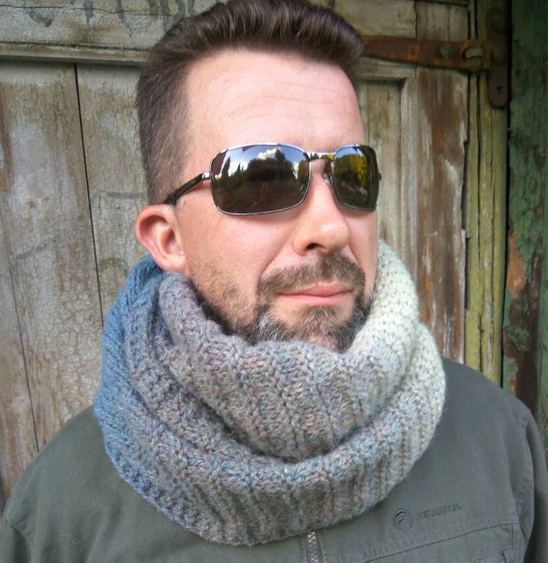 Hooded scarf for men knitted with organic wool Gift boyfriend ideas