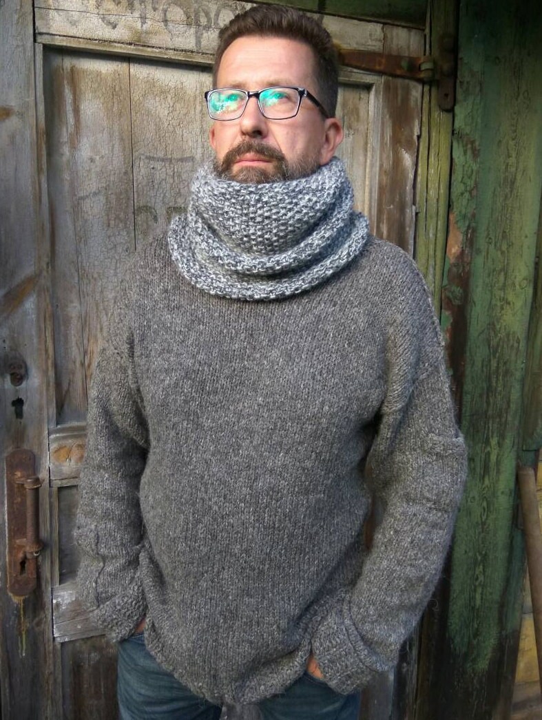 Gray chunky snood Wool hooded scarf Men's Snood Neck Etsy