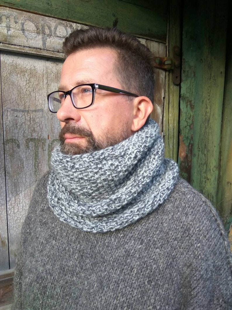 Gray chunky snood Wool hooded scarf Men's Snood Neck Etsy