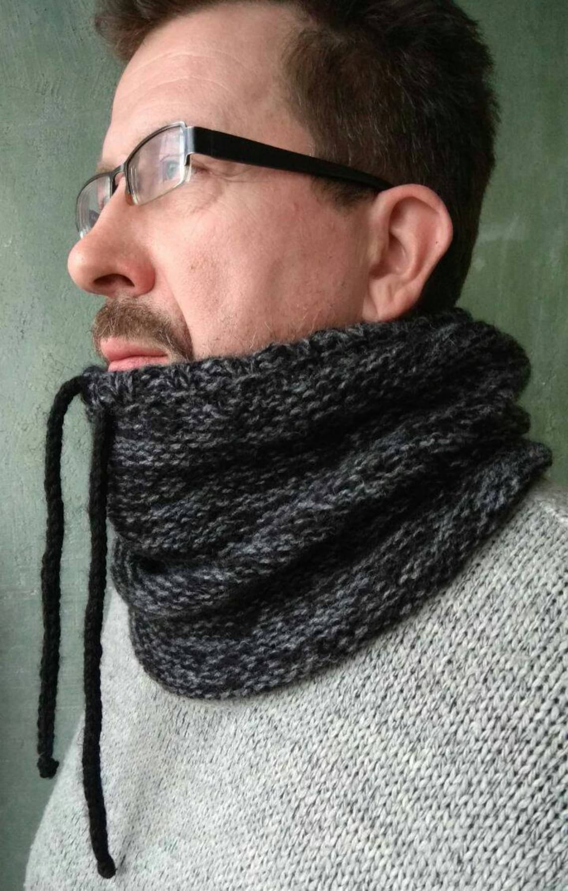 Chunky Men's Snood Scarf Black Cowl Neck Wool Hooded Etsy