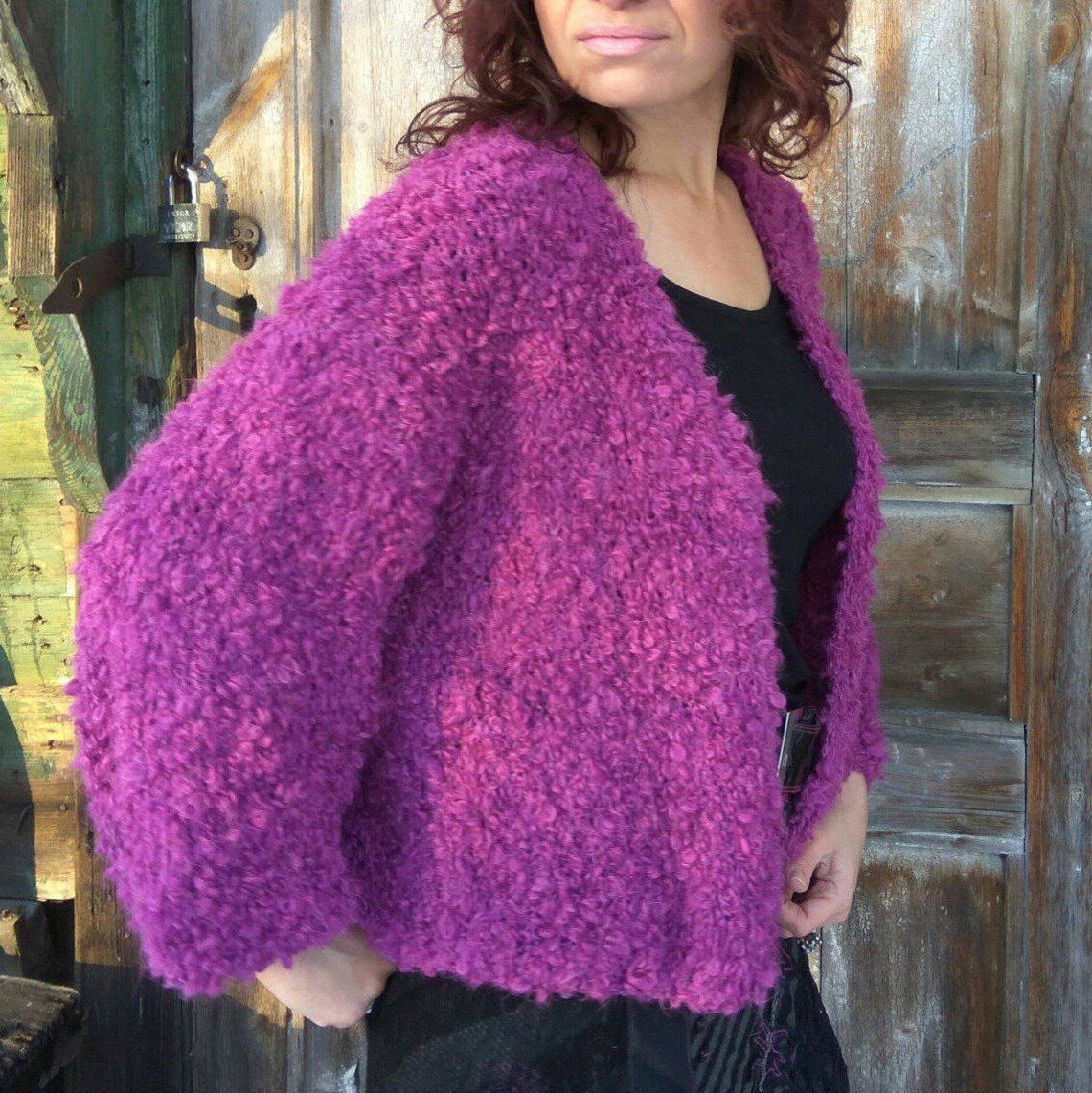 Chunky crop cardigan knitted Purple bomber sweater women Etsy