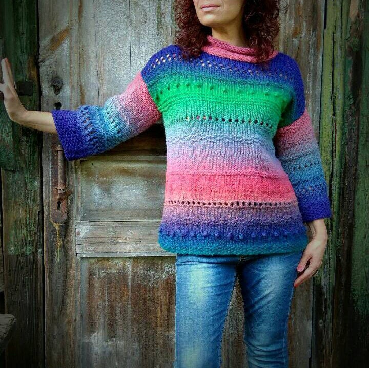 Wool Chunky Rainbow Sweater Hand Knitted Colorful Sweater | Etsy
