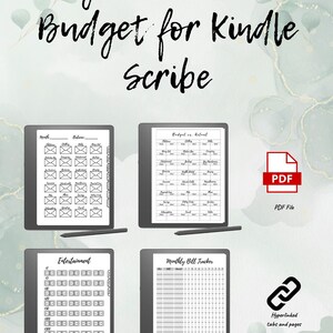 May include: Digital envelope budget for Kindle Scribe. Four black and white printable pages for budgeting, including a monthly bill tracker, entertainment budget, budget vs. actual, and envelope system. The pages are designed for use with a Kindle Scribe.