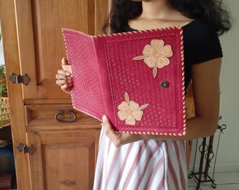 PINK Leather FOLDER with FLOWERS. Organizer, Hand Tooled.Case for Tablet, Ipads. Magazines,Tracts, Notes, Contact Cards and More.