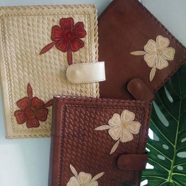 BROWNS FLOWERS Leather Folders-Organizer made in genuine LEATHER, Hand Embossed-Tooled. Case for Tablet, Ipad, Notes and More.