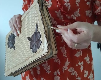 Leather Folder FLOWERS Organizer with double Zippers , Weave with Flowers Design, all Handmade, Leather Tooled..