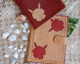 RED FLOWERS Leather Folder Organizer. Genuine Leather Hand Tooled.Case for Tablet,Ipad and Tools for Ministries and More.