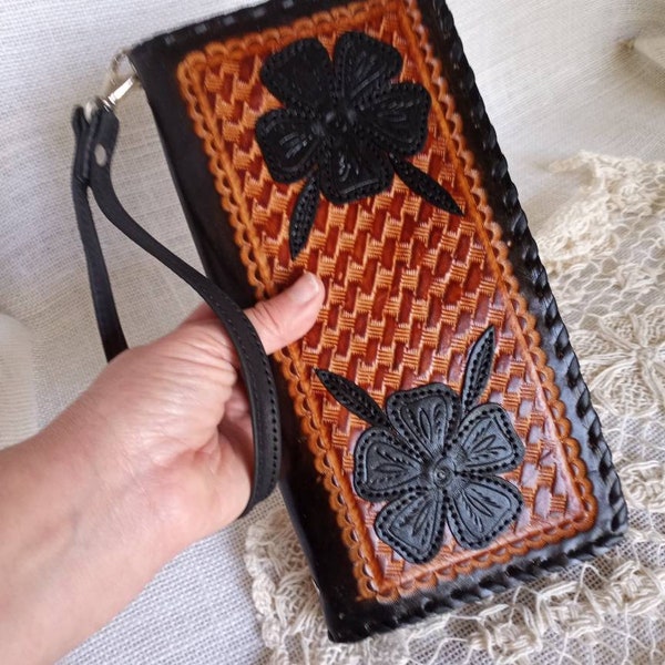 LEATHER Passport, Tracts Holder, Multiuser Wallet, Useful accessory for travel documents. With zipper and a removable hand straps."FLOWERS"
