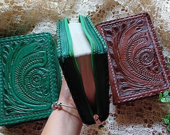 Leather Bible Cover SEA WAVES, zippered, for NWT new edition, Medium sizes. Embossed
