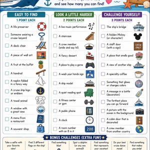May include: A colorful cruise ship scavenger hunt game with various illustrated items to find, including a life preserver, deck chair, and ship model. The game encourages exploration and fun on a cruise.