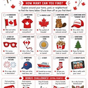 Op de afbeelding: Een Canada Day speurtochtspel met illustraties van te vinden items, waaronder een Canadese vlag, een esdoornblad, een bever en items met "Canada" erop. Bevat bonusuitdagingen en score-instructies.