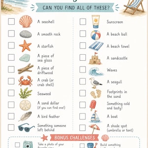 Può includere: Un elenco di ricerca del tesoro sulla spiaggia in stile acquerello. Il titolo "Beach Scavenger Hunt" è in blu. L'elenco include elementi come conchiglie, stelle marine e una barca. Sono elencate anche sfide bonus.