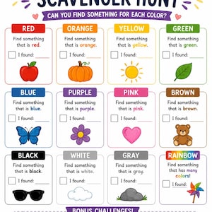 Op de afbeelding: Een kleurrijk "Kleurenzoektocht"-bordspel met illustraties van objecten die kleuren vertegenwoordigen, zoals rode appel, oranje pompoen, gele zon, groen blad, blauwe vlinder, paarse bloem, roze hart, bruine teddybeer, zwarte zonnebril, witte wolk, grijze steen en regenboogwindmolen.