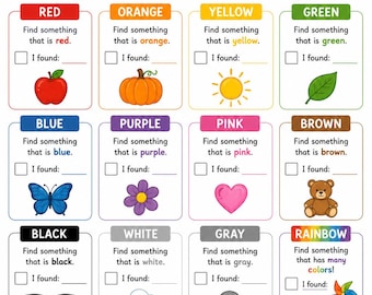 May include: A colorful "Color Scavenger Hunt" game board with illustrations of objects representing colors like red apple, orange pumpkin, yellow sun, green leaf, blue butterfly, purple flower, pink heart, brown teddy bear, black sunglasses, white cloud, gray rock, and rainbow pinwheel.