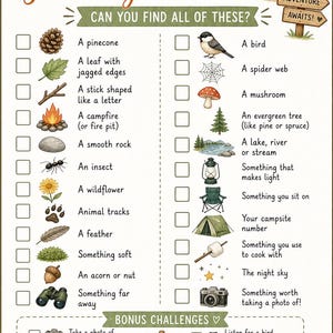 Op de afbeelding: Kampeerspeurtochtchecklist met illustraties van buitenartikelen zoals een dennenappel, een vogel en een tent. Bevat bonusuitdagingen om foto's te maken en van de natuur te genieten.