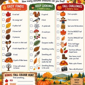Pode incluir: Uma folha de atividades de caça ao tesouro de outono com três colunas de itens para encontrar: Easy Finds, Keep Looking e Fall Challenges. O design inclui ilustrações de folhas, um esquilo, uma abóbora e uma seção bônus de busca de cores.