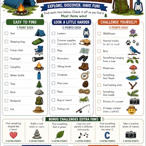 Könnte beinhalten: Camping-Schnitzeljagd-Spiel mit Illustrationen von Campingausrüstung und zu findenden Gegenständen, darunter ein Zelt, ein Lagerfeuer und ein Fernglas. Enthält Bonus-Herausforderungen und eine Preisidee.