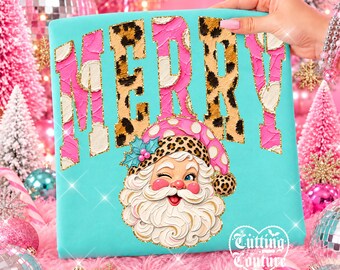 Merry Png, Retro Santa Png, Leopard, Polka Dots, Holiday Shirt Design, Hand Painted, Pink Christmas Png, Printable Design, Digital Download