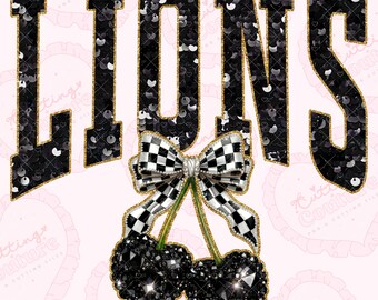 Sequin Cherry Lions Png, Black Lions Mascot Png, Checker Png, Lions Dtg, Lions Dtf, Printable Design, Digital Download