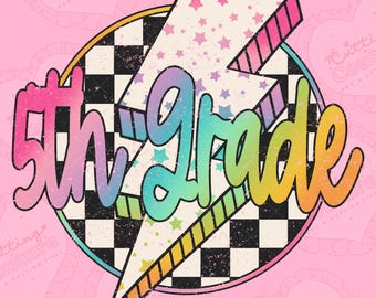 Rainbow Checker Lightning Bolt 5th Grade Png, Sublimation Design, Fifth Grade Png, Back To School Png, Printable Design, Digital Download