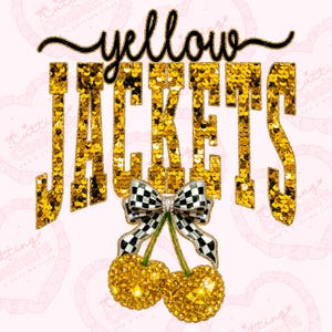 Pode incluir: Um design digital com as palavras "yellow JACKETS" em lantejoulas douradas. Uma fita quadriculada em preto e branco está centrada abaixo do texto, com duas cerejas de lantejoulas douradas. O fundo é rosa claro com um padrão de coração.