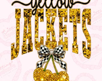 Sequin Cherry Yellow Jackets Png, Gold Yellow Jackets Mascot Png, Checker Png, Jackets Dtg, Jackets Dtf, Printable Design, Digital Download