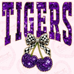 Sequin Cherry Tigers Png, Purple Tigers Mascot Png, Checker Png, Tigers Dtg, Tigers Dtf, Printable Design, Digital Download
